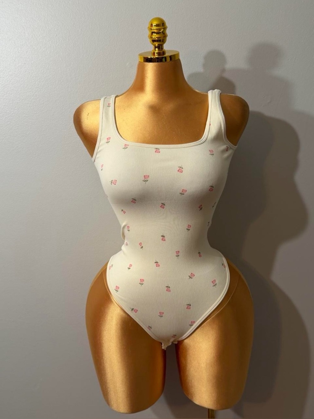Cream Ribbed Floral Scoop Neck Bodysuit - Women's Tank Bodysuit